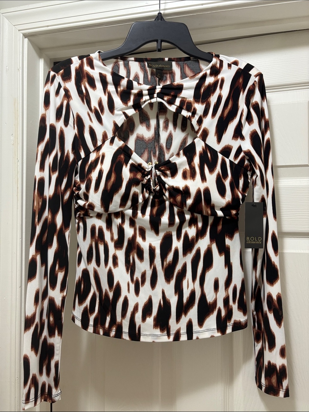 BOLD elements White, Brown and Black Animal Print Long-Sleeve Twist-Front Top